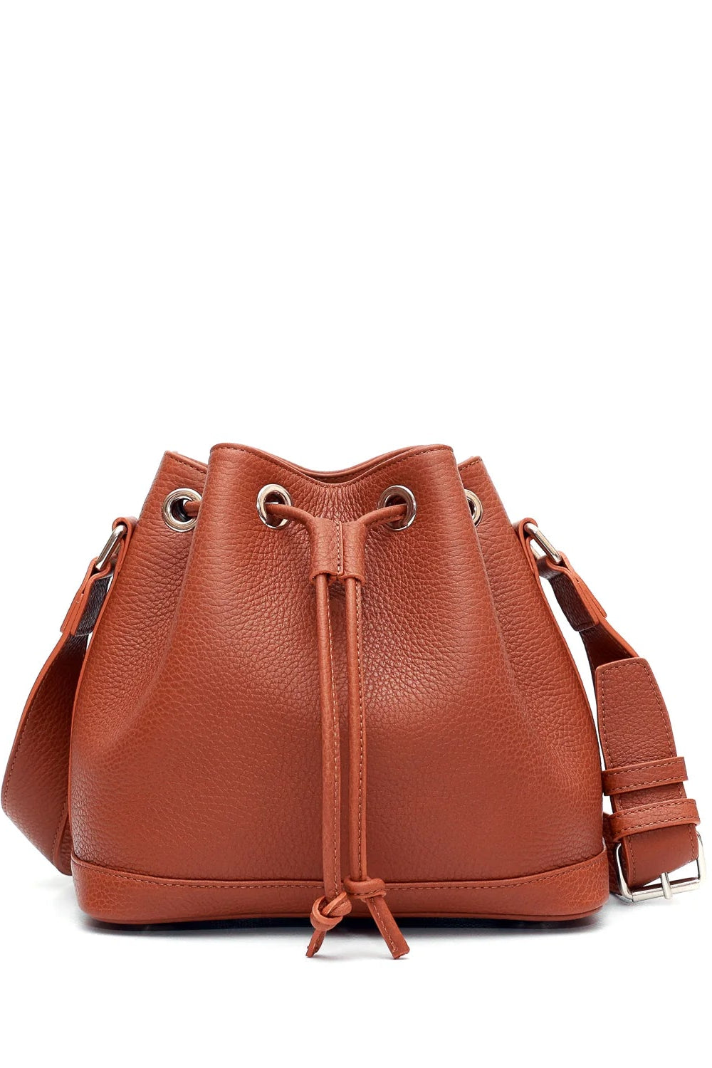 Brown leather bucket bag on a white background