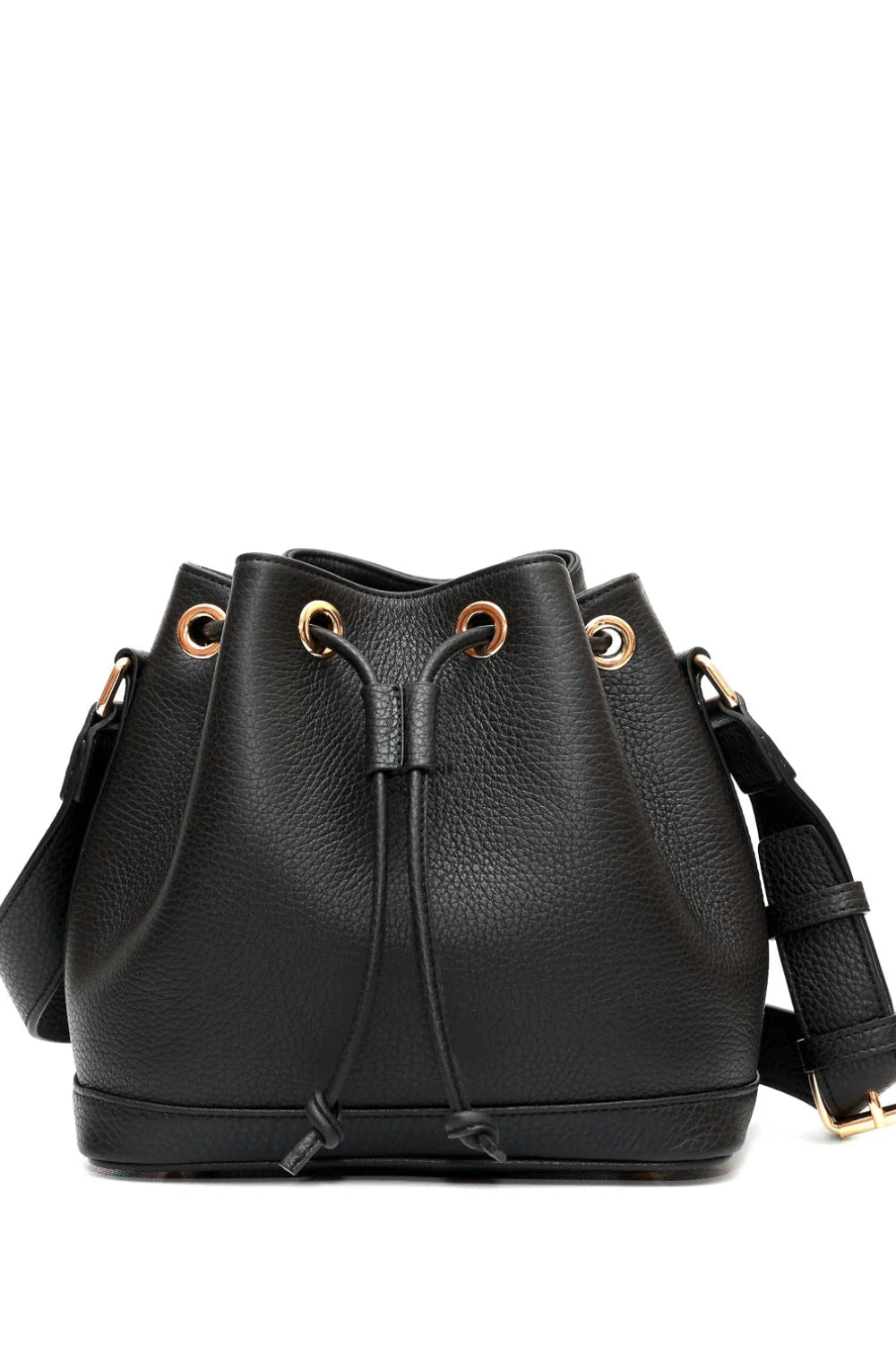 Black leather bucket bag with drawstring on a white background