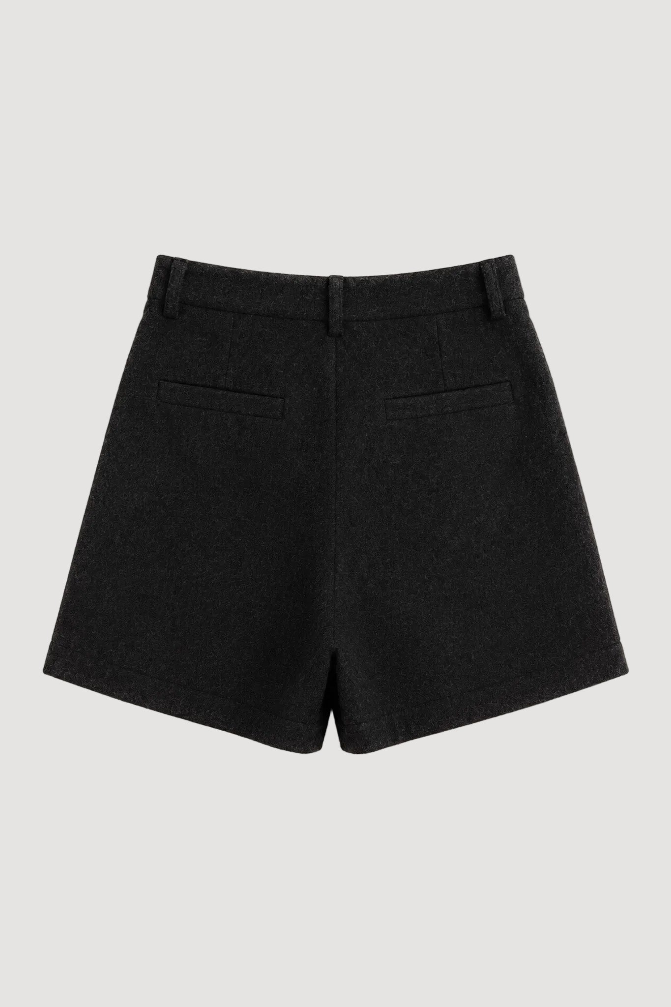 Black wool-blend shorts with a high waist, shown from the back on a light beige background.
