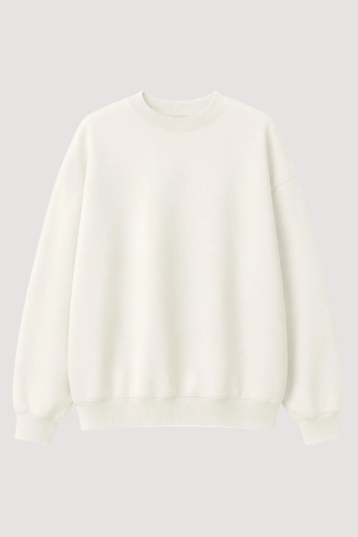 An off-white crewneck sweatshirt with long sleeves and ribbed cuffs and hem, displayed against a plain white background.