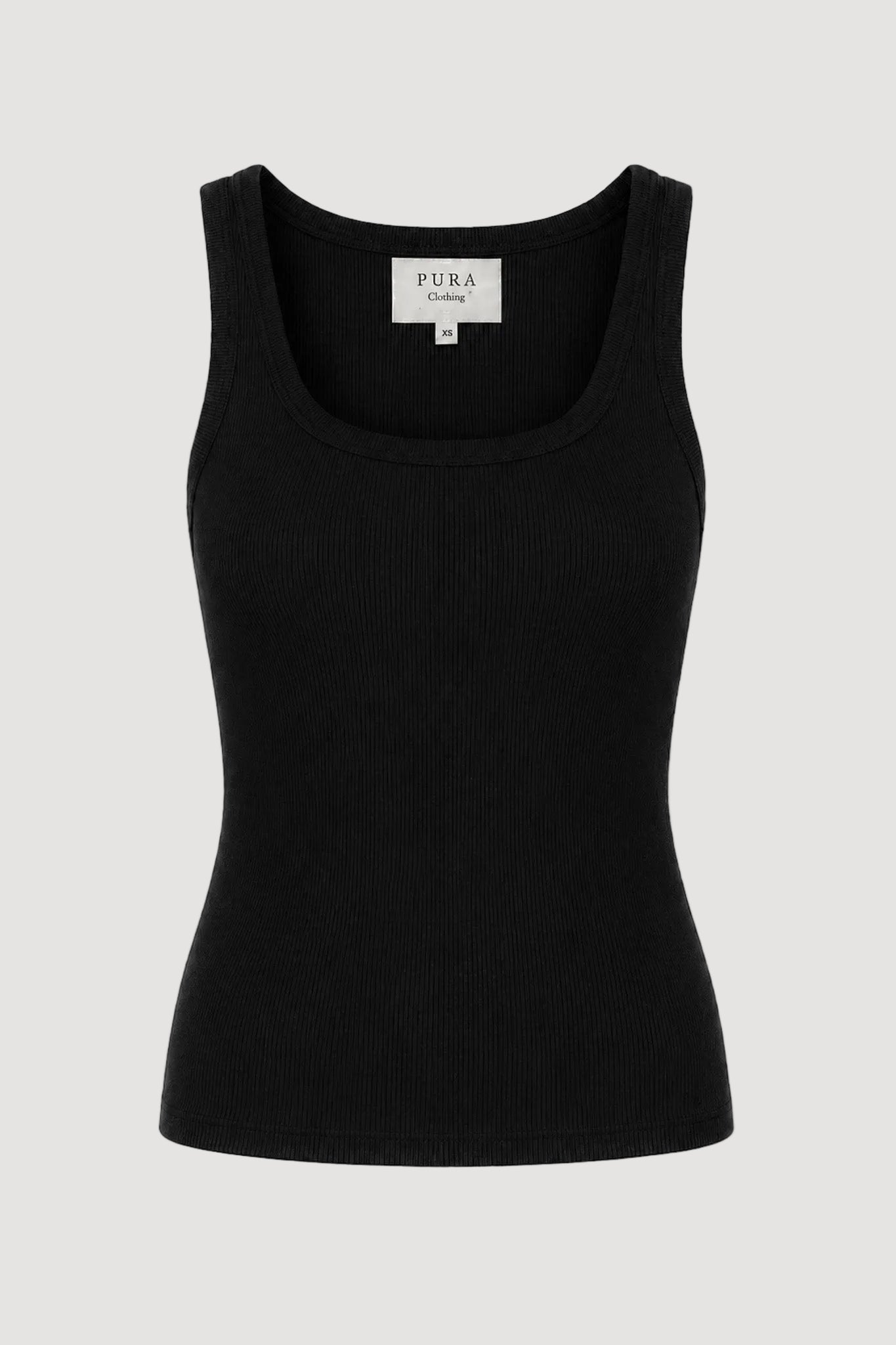 A black ribbed knit tank top with a scoop neckline, shown on a plain white background. The brand label 'PURA clothing' is visible inside the collar.