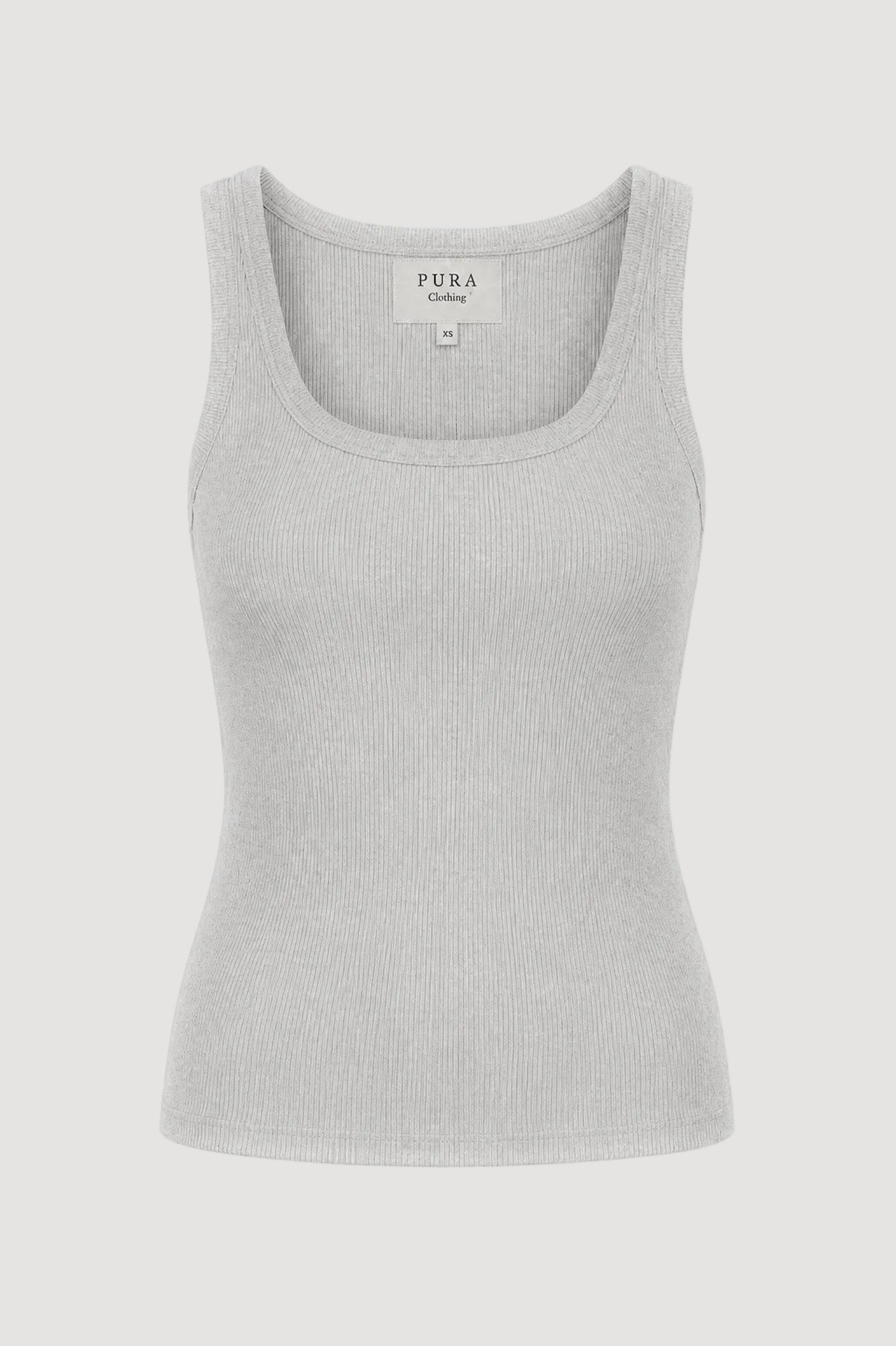 A light gray ribbed knit scoop-neck tank top by Pura clothing, shown flat against a white background.