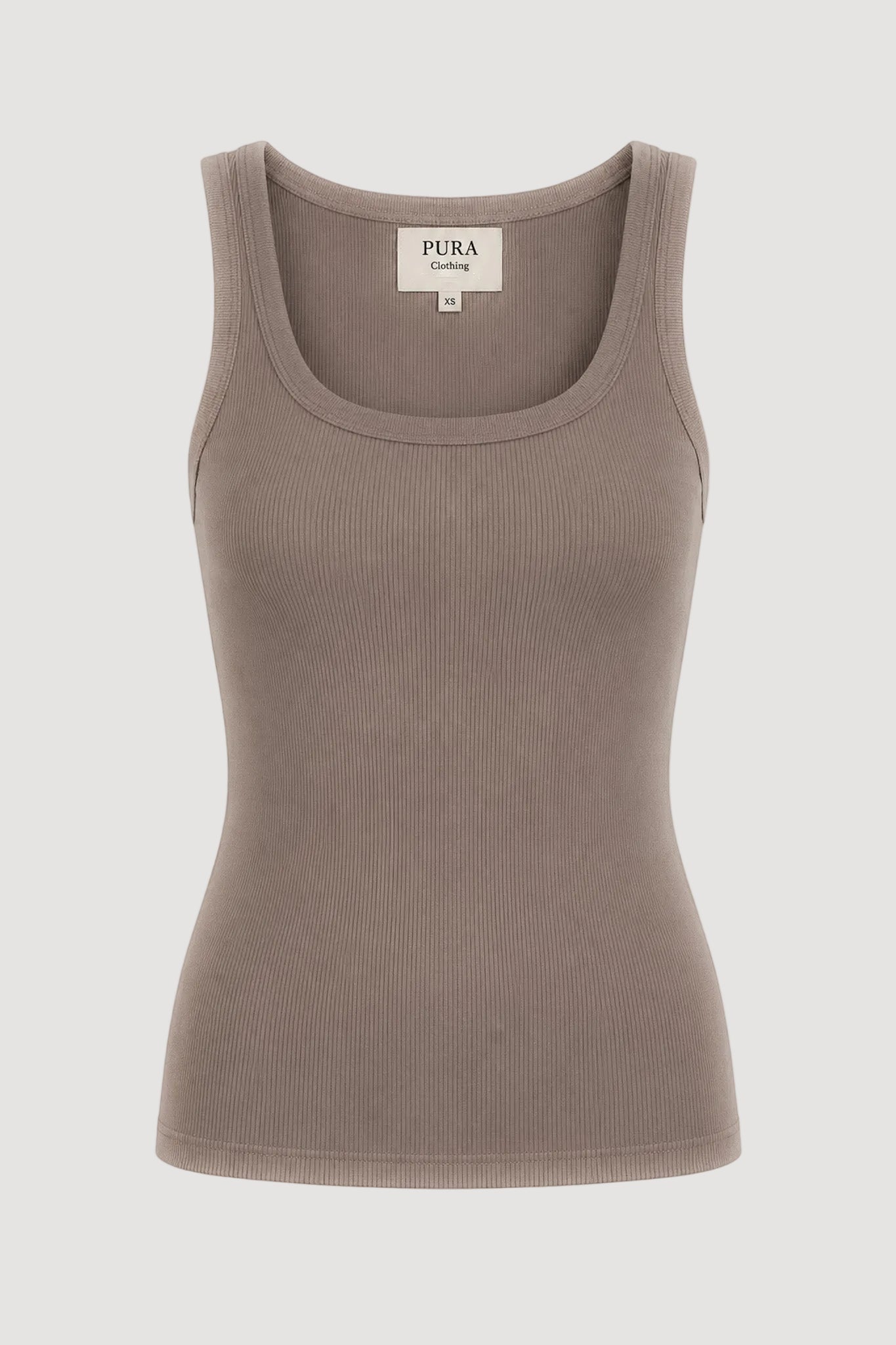 A taupe ribbed scoop-neck tank top by Pura clothing, shown flat against a solid white background.