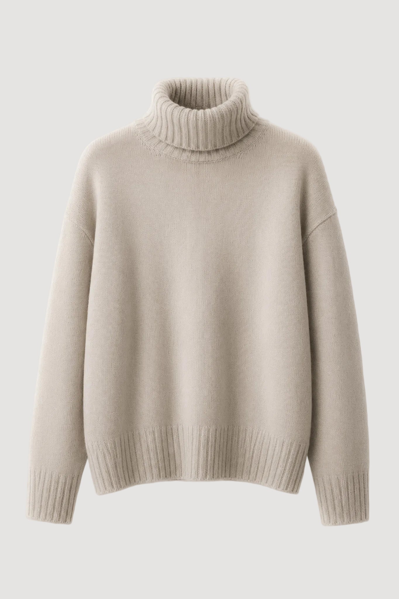 A light beige knit turtleneck sweater with ribbed collar, cuffs, and hem, displayed against a clean white background.
