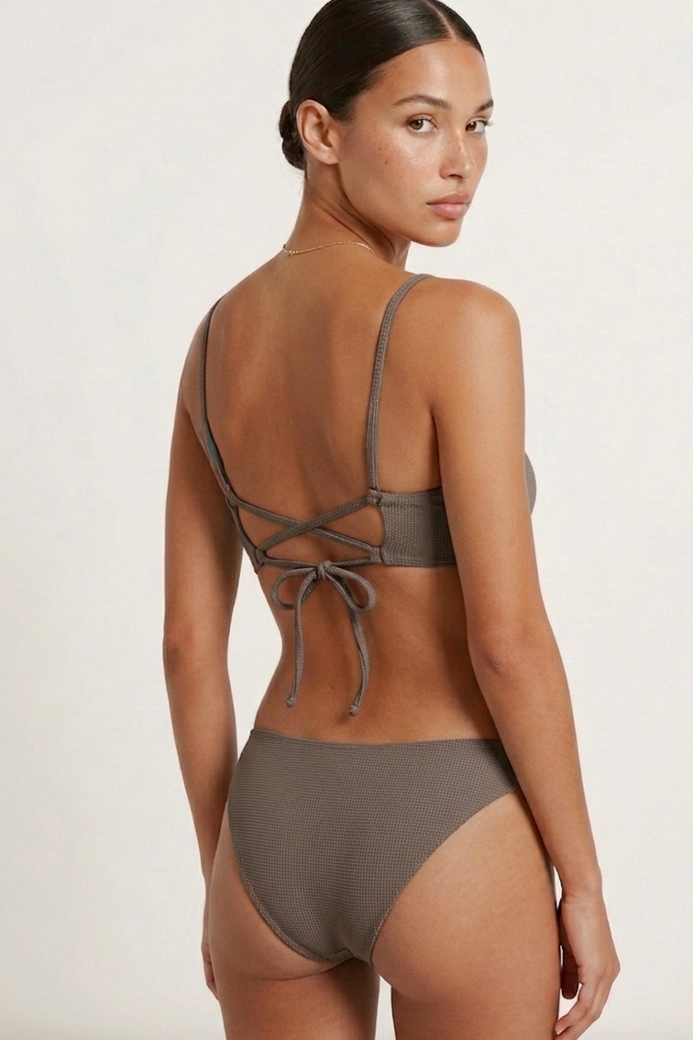 PURA Ethical sustainable wannaka swimsuit waffle recycled fabric brown back